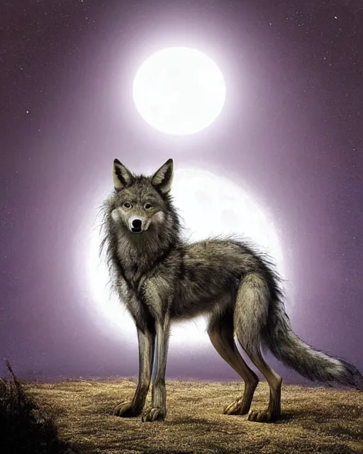 Image similar to Tall emaciated man wolf hybrid, covered in matted fur, he has yellow wolf eyes, a long bent rat like tail, long coyote like ears, and is Wearing a purple velvet cape and is holding a Silver cane with his right hand, Atmospheric Full Moon, highly realistic, Rick Baker style, photoreal, photograph in the style of Annie Leibovitz