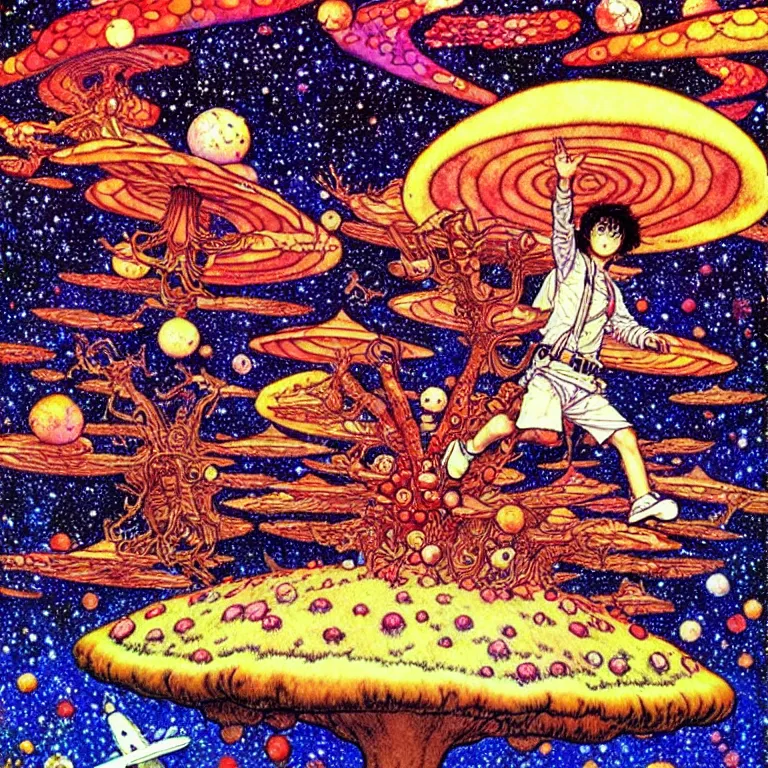 Image similar to cursed illustration of starship landing on planet of colorful mushrooms, manga style of kentaro miura, by norman rockwell, weirdcore