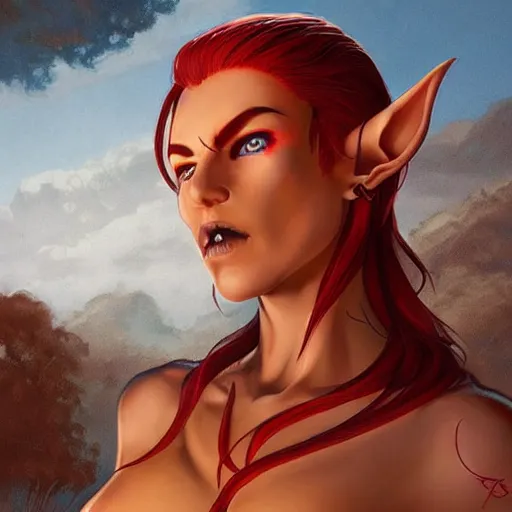 Image similar to dnd character illustration of a tanned half - elf with messy short red hair and golden eyes with slit pupils, androgynous, feral, glowing, golden hour, by ross tran and gerald brom