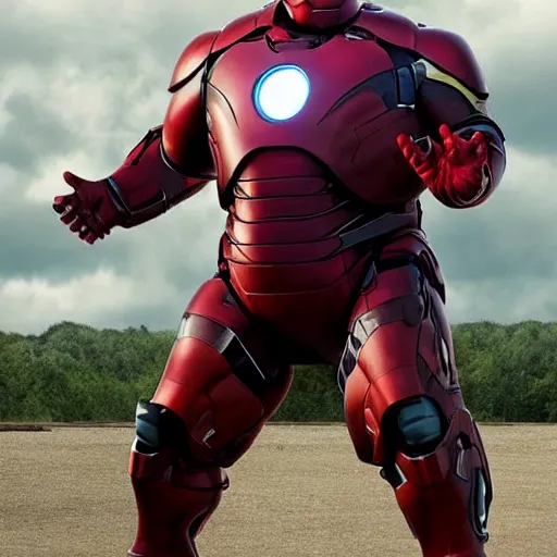 Image similar to morbidly obese ironman has a hard time flying, film still, marvel studios, high budget, funny