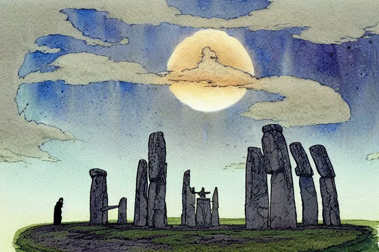 Prompt: a realistic and atmospheric watercolour fantasy concept art of a ufo landing in a floating stonehenge. medieval monk in grey robes is on his knees praying. a crescent moon in the sky. muted colors. by rebecca guay, michael kaluta, charles vess and jean moebius giraud