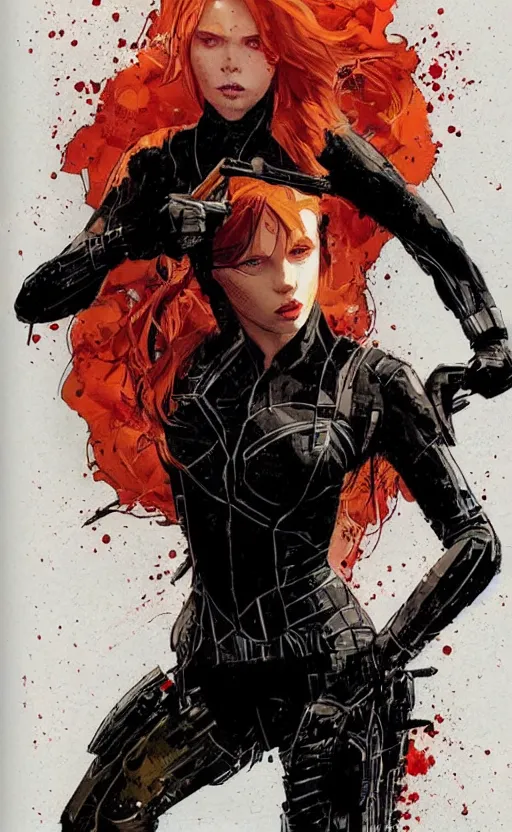 Image similar to comic cover art by david mack and greg rutkowski, black widow full body, tight fit, vivid vector colors, russian female, perfectly symmetrical facial features, hyperdetailed, bleed, spatter, india ink, bill sienkiewicz