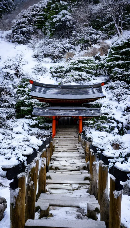 Image similar to a shinto shrine path atop a mountain,snowy,beautiful,nature,distant shot,isometric