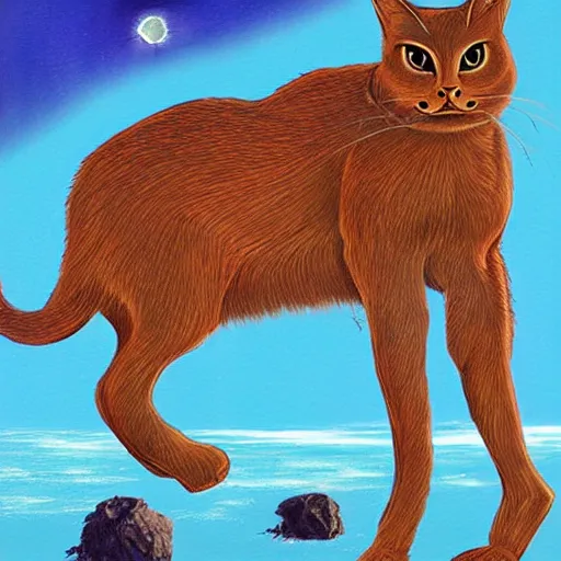 Prompt: sci - fi art of a brown cat by the sea