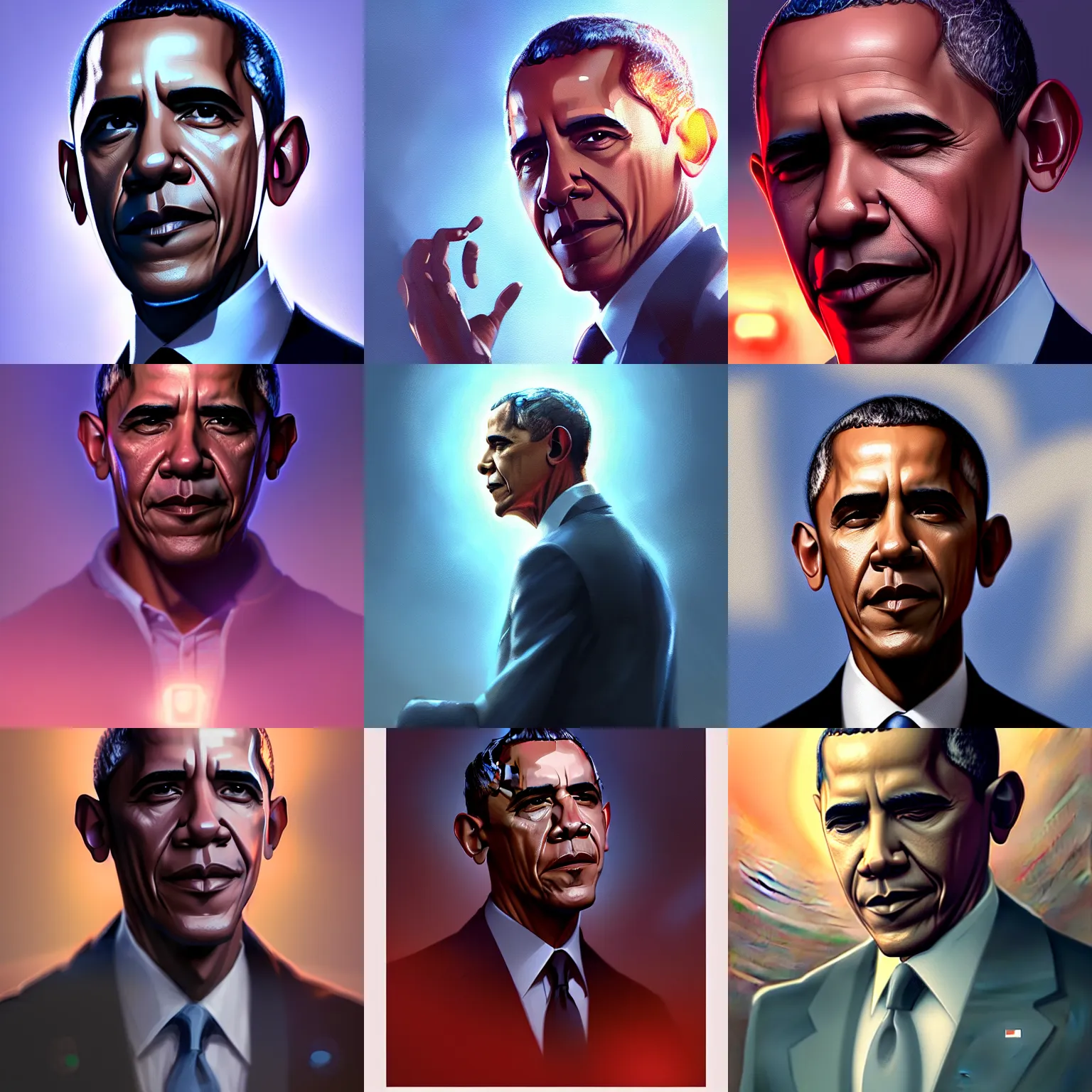 Prompt: obama by greg rutkowski, blue and purle lighting, digital art, ultra realistic, ultra detailed, photorealistic, 4k, character concept