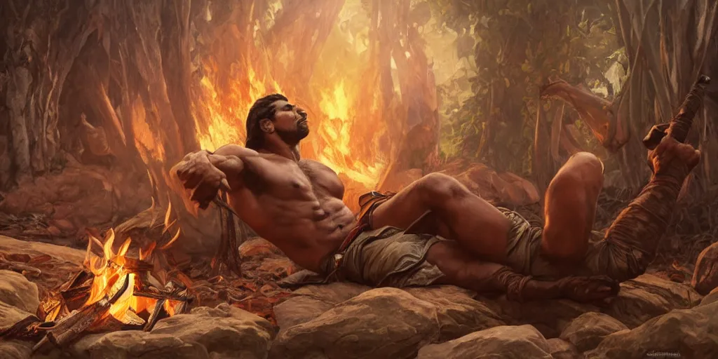 Prompt: Rugged male Sri Lankan warrior relaxing by the fire, relaxed, muscular, upper body, fantasy, intricate, elegant, highly detailed, digital painting, artstation, concept art, smooth, sharp focus, illustration, art by artgerm and greg rutkowski and alphonse mucha