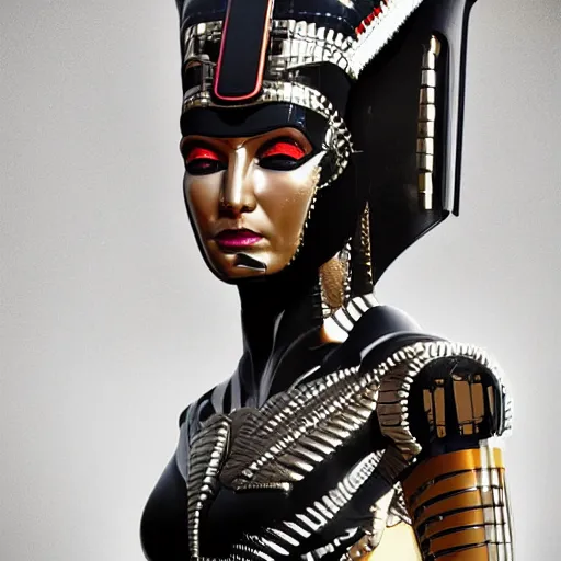 Image similar to full body portrait of the muscular Egyptian Android Pharaoh Queen, by DC comics and Sandra Chevrier and beeple, artstation, volumetric lighting and fog, hyperrealism, hyper detailed futuristic royalty, award winning costume design, cybernetic bionic ancient cyborg, fashion show runway, futuristic fine textures, woven with electricity, high fashion superpowers, floating dust particles, bokeh, mystic haze, 4k UHD, HDR