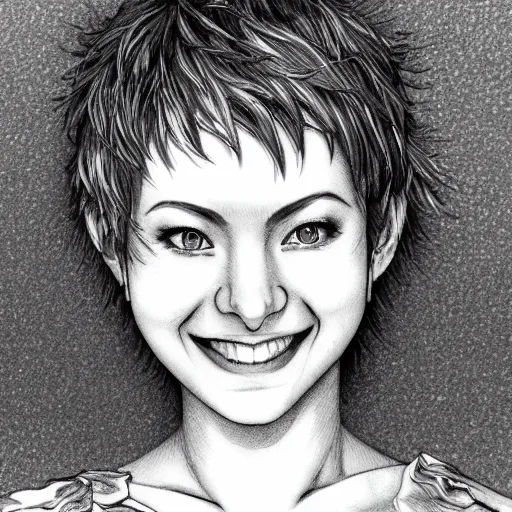 Prompt: portrait of a smiling smiling woman with short short white hair, 1 2 3 4, medium shot, illustration, highly detailed, high quality, by kentaro miura