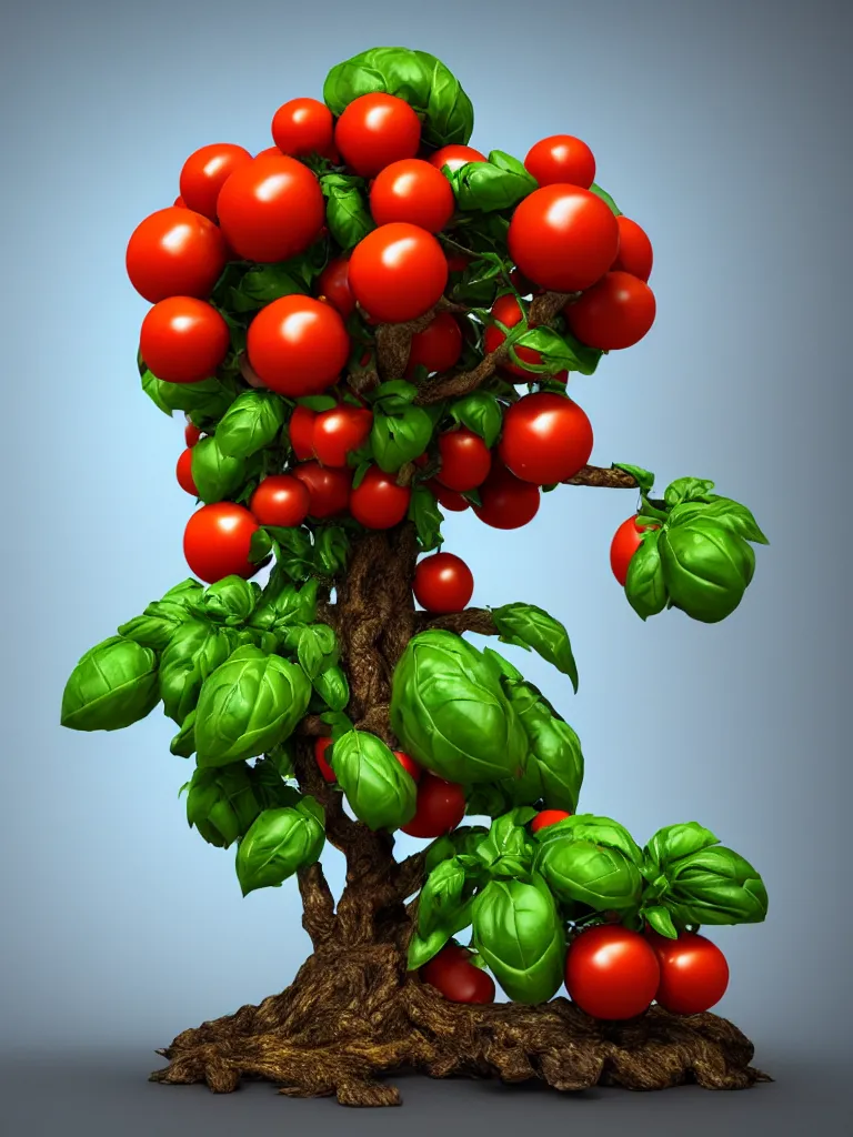 Prompt: highly detailed 3 d render of a mythical tree with sparse leaves of tomatoes and mozzarella balls and basil leaves, hyper realistic octane render, cinematic lighting, deviantart, lowbrow, surrealism, pixar still