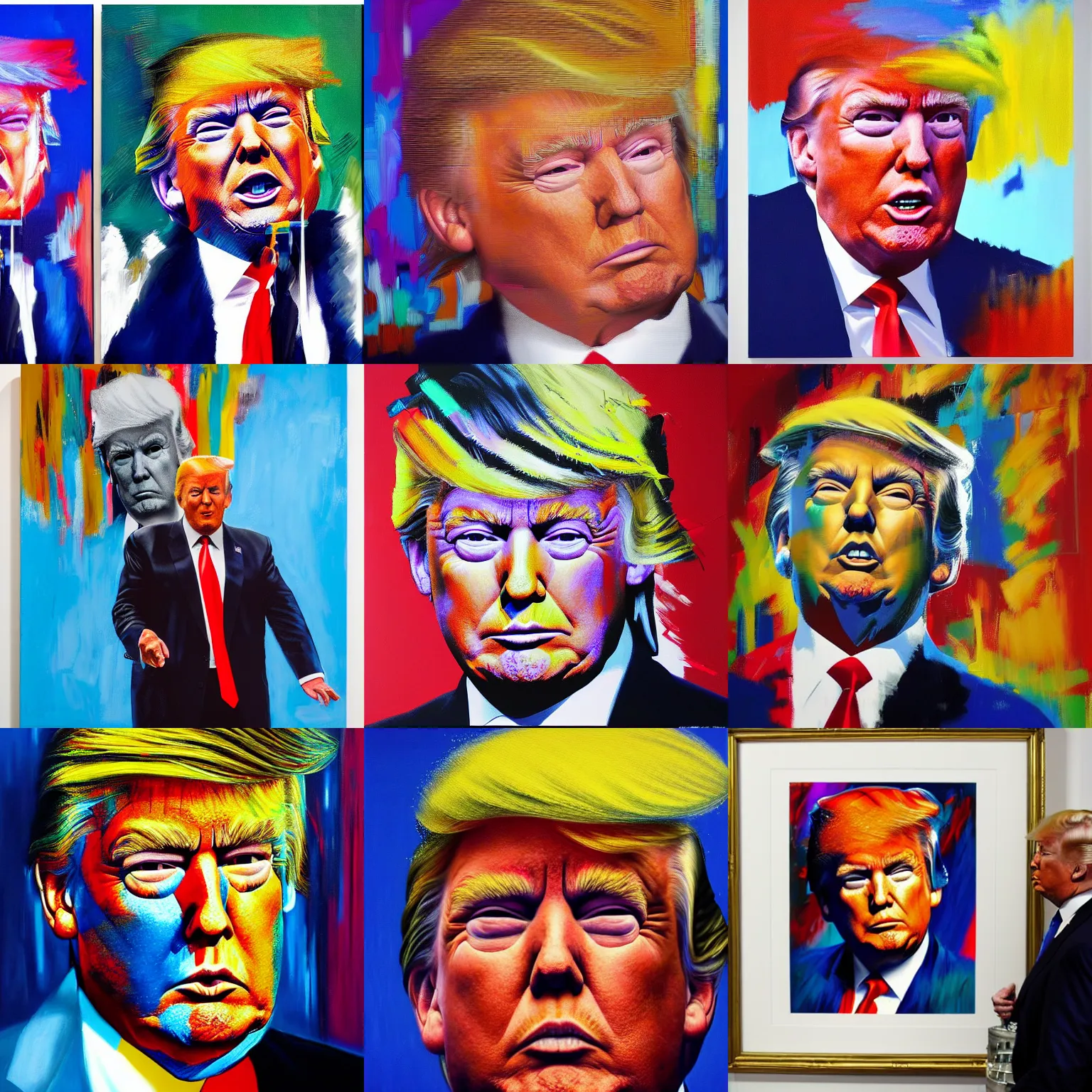 Prompt: donald trump, by robert hagan and basquiat, airbrush on canvas, pastell colours, cell shaded, 8 k