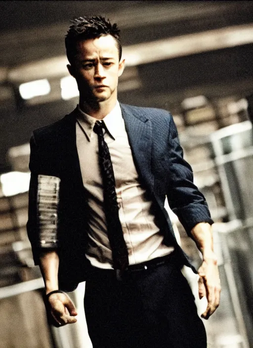 Image similar to film still of Joseph Gordon Levitt!!! as Tyler durden in fight club movie poster