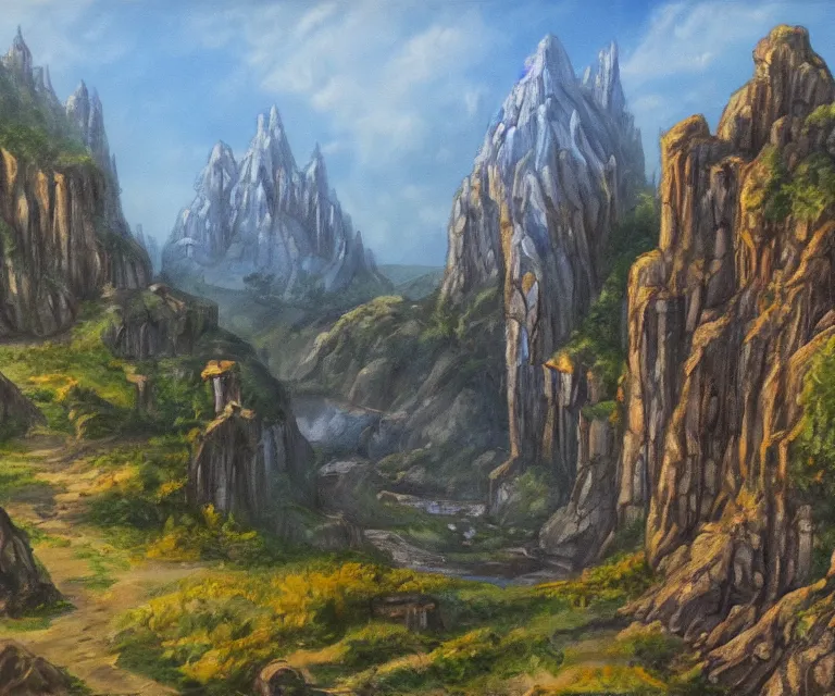 Image similar to medieval fantasy artwork. woodland with cliffs in the background. on top of the cliffs is a radiant castle made of pure blue light!!! oil on canvas.