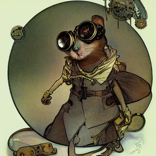 Image similar to a rat with steampunk googles, by Alfons Maria Mucha