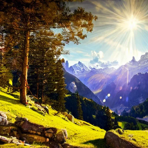 Image similar to wonderful alpine mountain valley, swiss, soft dynamic clouds, astral appearance, cinematic light, sublime, colorful, light shafts, dramatic light, by august malmstrom, russian painters, mucha, disney, global illumination, rule of thirds, perfect central composition