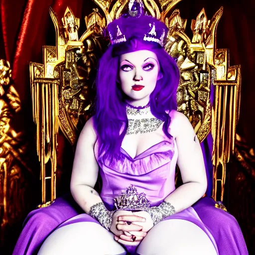 Prompt: A 4k photo of a evil princess with purple hair wearing a diamond crown, sitting in a throne in a dark room. Back light