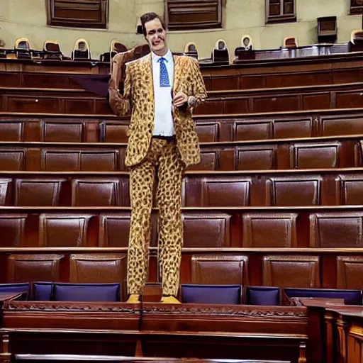 Image similar to a giraffe with a tie and pants on the spanish congressional stage