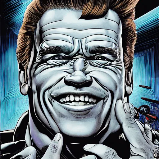 Image similar to portrait of arnold schwarzenegger, excited, symmetrical, by yoichi hatakenaka, masamune shirow, josan gonzales and dan mumford, ayami kojima, takato yamamoto, barclay shaw, karol bak, yukito kishiro