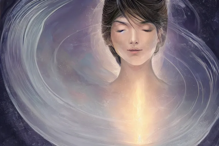 Image similar to portrait of beautiful celestial female Japanese Goddess exposed in cryo chambers wearing luxurious interstellar suit, rule of thirds, captivating, fair complexion, coherent face symmetry, face anatomy, relaxing at the rocks formed by water erosion, walls made of beautiful smooth sandstone light beams that shine, polish narrow slots of walls into a striated swirling finish, digital painting, concept art, smooth, sharp focus, from Star Trek 2021, illustration, by WLOP and Ruan Jia and Mandy Jurgens and William-Adolphe Bouguereau, Artgerm