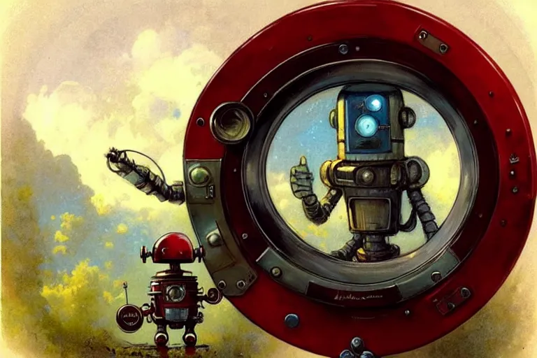 Prompt: adventurer ( ( ( ( ( 1 9 5 0 s retro future robot android time porthole portal window. muted colors. ) ) ) ) ) by jean baptiste monge!!!!!!!!!!!!!!!!!!!!!!!!! chrome red