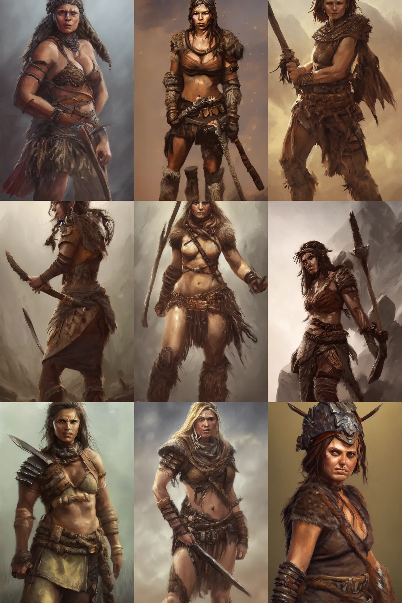 Prompt: a full body fantasy portrait oil painting illustration of a single rugged stoic barbarian woman by Justin Sweet with face and body clearly visible, d&d, rpg, forgotten realms, artstation trending, high quality, sombre mood, artstation trending, muted colours, no crop, entire character, SFW,