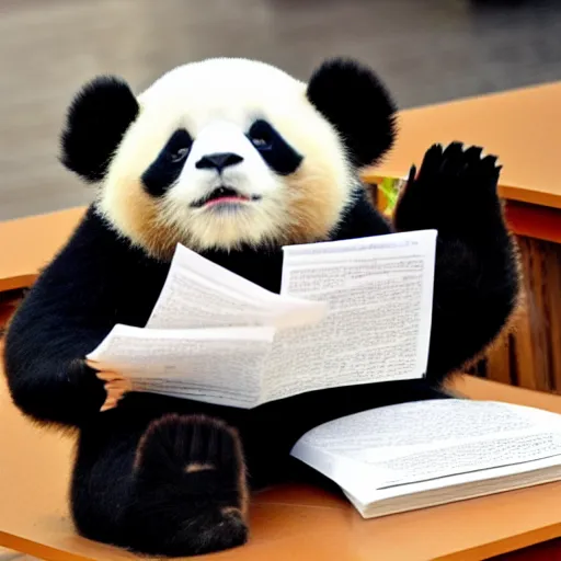 Prompt: happy panda reading student papers