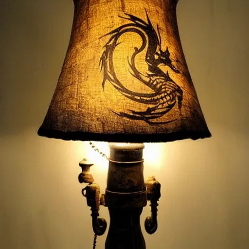 Image similar to a glowing lamp rustic and old looking with worn feel, lamp shade has dragons on it with are silhouetted because of the light, hyper detailed and realistic