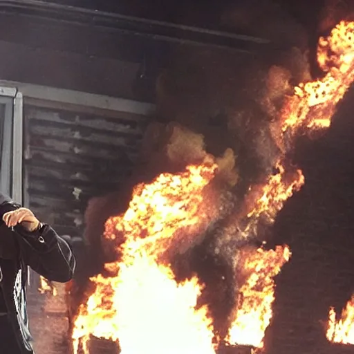 Image similar to drake performing in a burning building, realistic