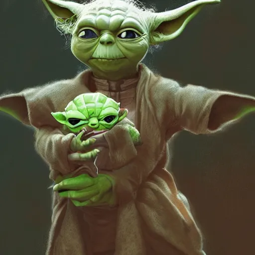 Image similar to yoda working out, au naturel, hyper detailed, digital art, trending in artstation, cinematic lighting, studio quality, smooth render, unreal engine 5 rendered, octane rendered, art style by klimt and nixeu and ian sprigger and wlop and krenz cushart