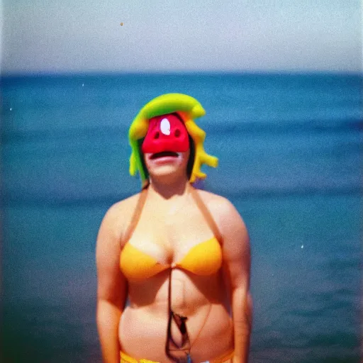 Image similar to A sad woman wearing an inflatable smiley to the beach, 1980, color film expired film, aged photo