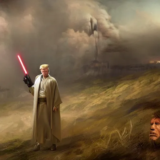 Image similar to Donald Trump as a jedi hero, capitol hill, post-apocalyptic, cinematic, atmospheric, highly detailed, Emanuel Leutze, Carl Wahlbom