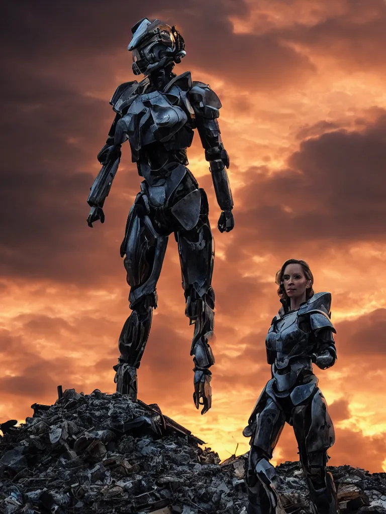 Image similar to emily blunt in futuristic power armor, solitary figure standing atop a pile of rubble, sunset and big clouds behind her