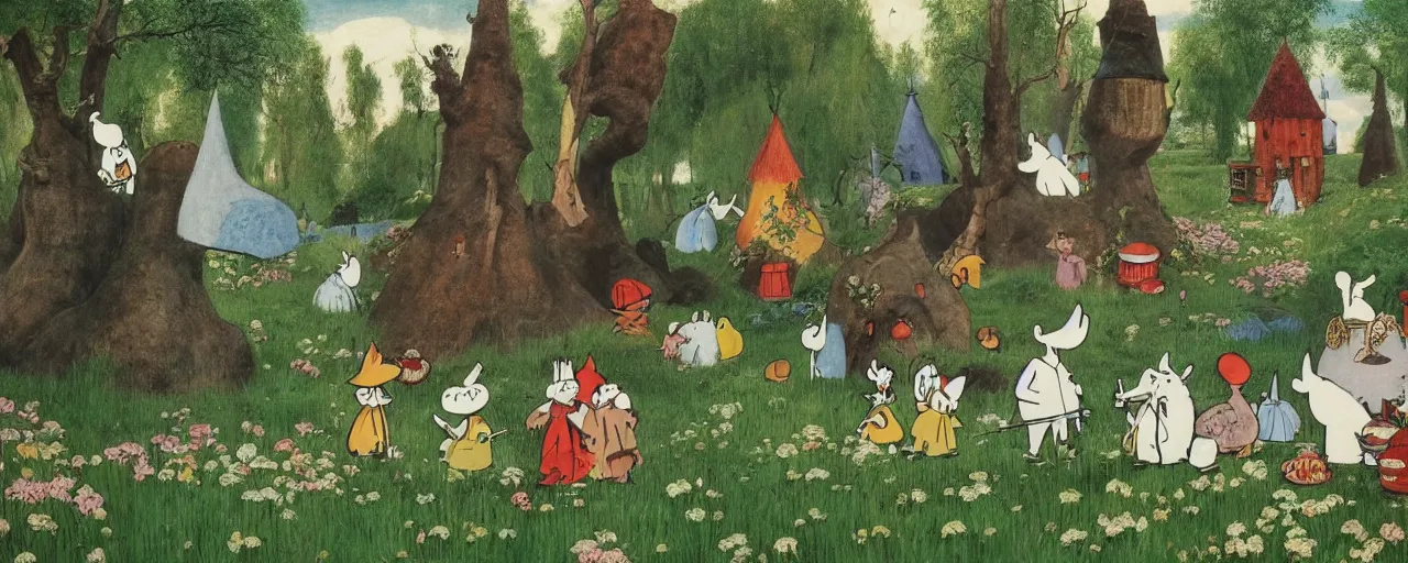 Image similar to the moomins in moominvalley, bosch painting, very detailed!, high quality, 4 k