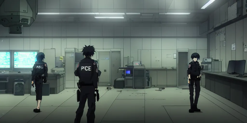 Prompt: an empty after hours cyberpunk police police office in the cyberpunk anime film, Shichiro Kobayashi, screenshot in the anime series ergo proxy ergo proxy and Detroit metal city, interior