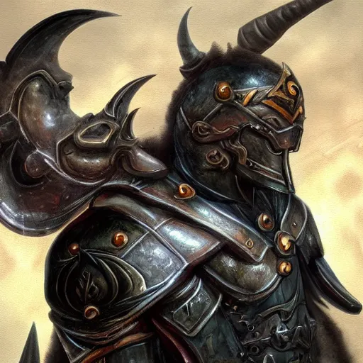 Image similar to detailed portrait of a black Minotaur general in plate armor, fantasy painting, concept art