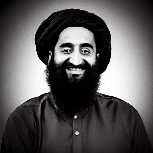 Prompt: profile picture photo of osama bin laden happily smiling, studio lighting, monochromatic background