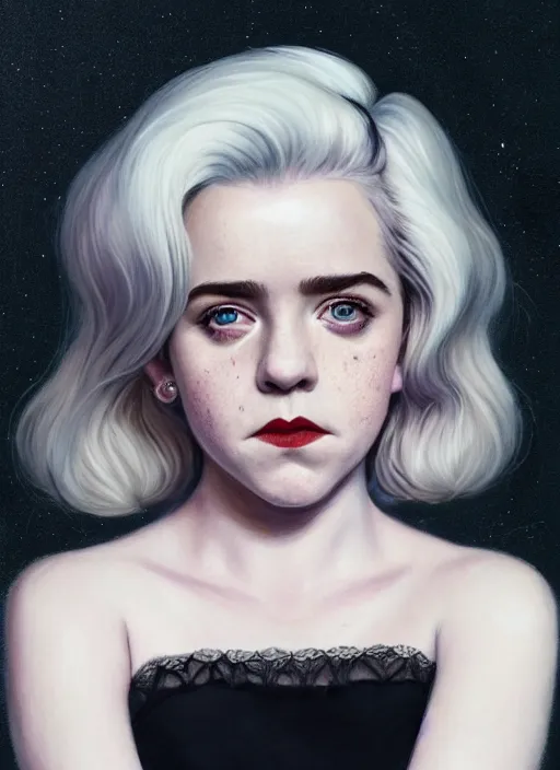 Image similar to full body portrait, kiernan shipka as sabrina spellman, white hair, obese, bangs, sultry, realistic, sultry smirk, fluffy bangs, freckles, fat, belly, intricate, elegant, highly detailed, digital painting, artstation, concept art, smooth, sharp focus, illustration, art by wlop, mars ravelo and greg rutkowski