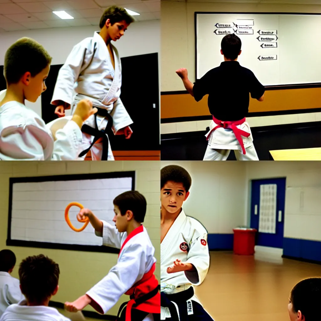 Prompt: the karate kid teaching a college class about tornados, highly detailed, sharp focus