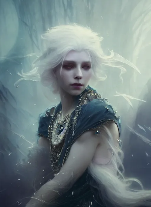 Image similar to a beautiful white haired princess, adorned with precious stone jewelry, intricate concept art, ominous, gorgeous dark fantasy, misty, dramatic lighting, octane render, 8 k, ruan jia and jeremy mann and tom bagshaw and alphonse mucha