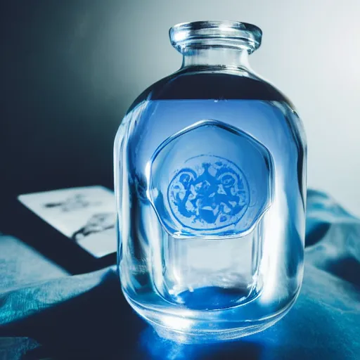 Image similar to a studio photo of a blue mana potion in a beautiful looking flask, dramatic lighting