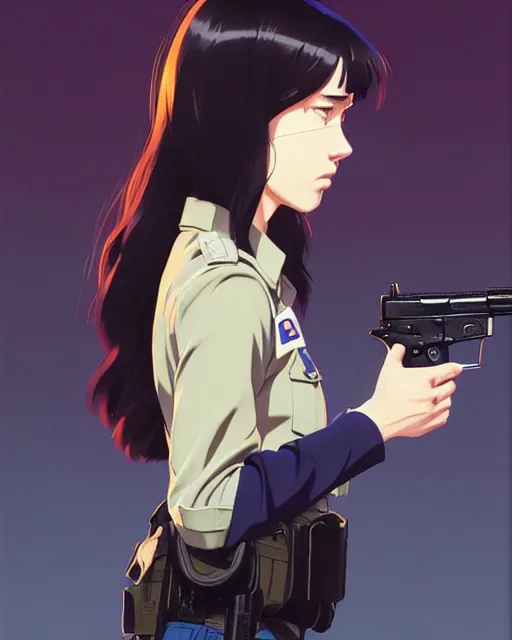 Image similar to girl wearing uniform, holding pistol at side, side view, looking down | | audrey plaza, fine detail!! anime!! realistic shaded lighting!! poster by ilya kuvshinov katsuhiro otomo ghost - in - the - shell, magali villeneuve, artgerm, jeremy lipkin and michael garmash and rob rey