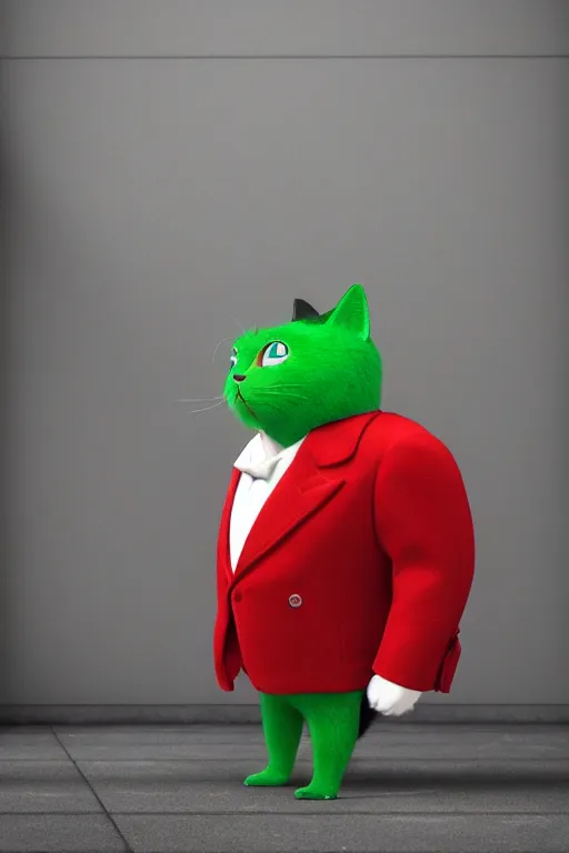 Image similar to a cat wearing a red and green formal overcoat, hyperrealistic, concept art, octane render, unreal engine 5, realistic and defined face, profile picture, digital art, pixar and disney, symmetrical, high quality, highly detailed, high coherence, path traced, house background, low contrast, beautiful