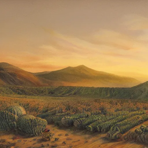 Image similar to concept art of dramatic landscape with giant asparagus at dusk