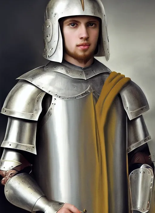 Image similar to oilpainting of a handsome young knight with a beautiful face and clear skin, long blond hair, wearing an engraved plate armor, no helmet, high resolution, clear image, digital art, studio photo, 4 k, clear lines, artstation, rendition by jan van eyck