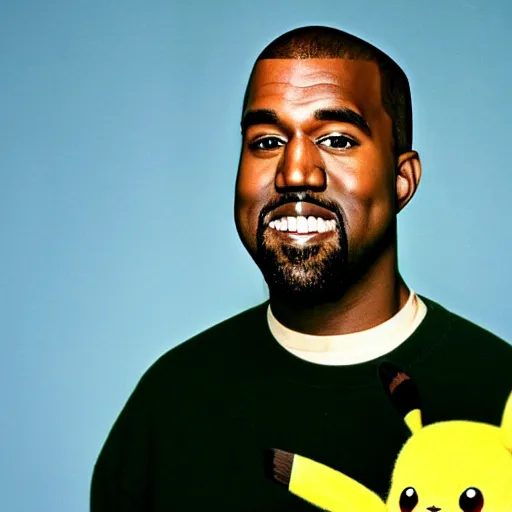 Image similar to kanye west smiling holding pikachu for a 1 9 9 0 s sitcom tv show, studio photograph, portrait c 1 2. 0