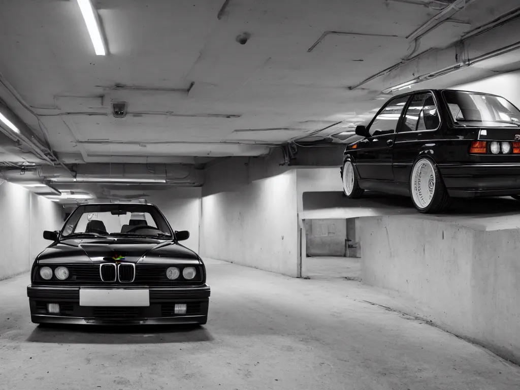 Image similar to a modified bmw e 3 0 with lights on in a futuristic neon parking garage, 3 5 mm photography, car photography, clean lines, realistic