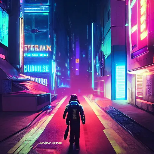 Image similar to professional photo of astronaut on cyberpunk street, synthwave, blade runner 2 0 4 9 style, hyperrealistic masterpiece, trending on artstation, cgsociety, kodakchrome, golden ratio, cinematic, composition, beautiful lighting, hyper detailed, sharp focus, octane render, 4 k, unreal engine