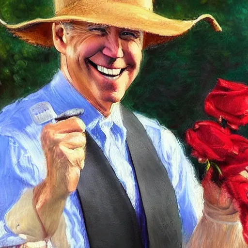 Prompt: an impressionist painting of joe biden who is wearing a wide brim hat and a leather vest. He is holding a revolver in his left hand and a rose is in his right hand. He is standing in a field of roses. He does not have facial hair.