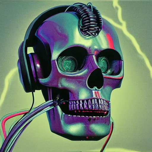 Prompt: a painting by Thomas Cole of a vaporwave robot skull wearing headphones connected with many wires and coords to an old computer terminal, highly detailed chromatic 3d rendering from 1996