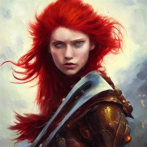 Prompt: Red haired woman with a sword, dramatic oil painting, 4k, highly detailed, by WLOP, by Dan Mumford, by Yoshitaka Amano, digital art, trending on artstation, volumetrics