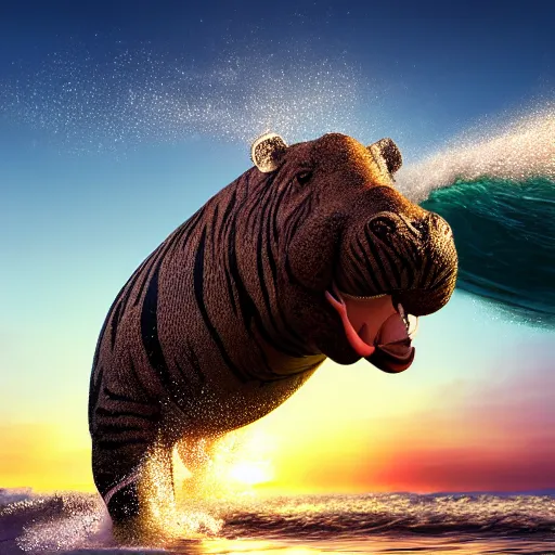 Image similar to a closeup photorealistic photograph of an energetic knitted tiger hippopotamus riding a large wave during sunset. surf in the background. professional capture. brightly lit scene. this 4 k hd image is trending on artstation, featured on behance, well - rendered, extra crisp, features intricate detail, epic composition and the style of unreal engine.